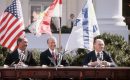 Egyptian president Anwar el-Sadat, US President Jimmy Carter, and Israeli Prime Minister Menachem Begin sit together in the sunshine outside the White House on March 26, 1979, ready to sign the peace treaty based on the Camp David Accords of September 1978. (Photo by Wally McNamee via Getty Images)