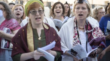 The Women of the Wall pray at the Western Wall in July 2016.