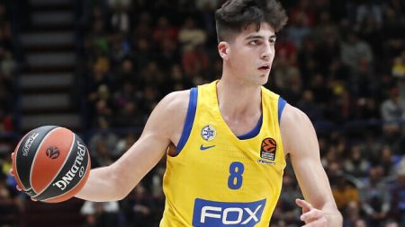 Maccabi Fox Tel Aviv's Deni Avdija controls the ball during the Euro League basketball match between Olimpia Milan and Maccabi Fox Tel Aviv, in Milan, Italy, Tuesday, Nov. 19, 2019. (AP Photo/Antonio Calanni)